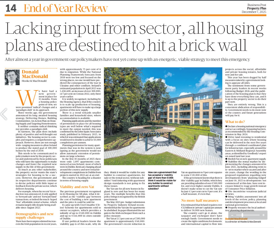 The Business Post: Lacking input from sector, all housing plans are  destined to hit a brick wall - Hooke & MacDonald